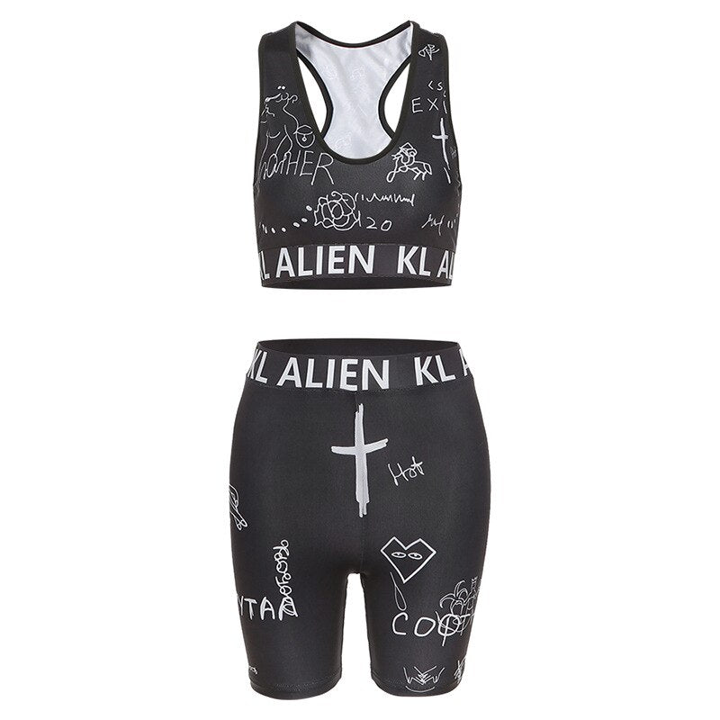 Yoga Fitness Two-piece Sleeveless Print Sexy Low-Cut Navel Vest Yoga Set Sport Set