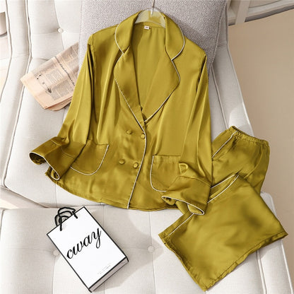 2 Pieces Faux Silk Satin Pajamas Set Autumn Women Sleepwear