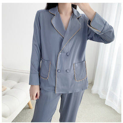 2 Pieces Faux Silk Satin Pajamas Set Autumn Women Sleepwear