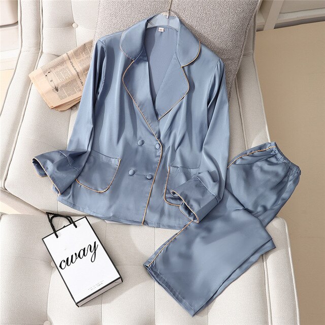 2 Pieces Faux Silk Satin Pajamas Set Autumn Women Sleepwear