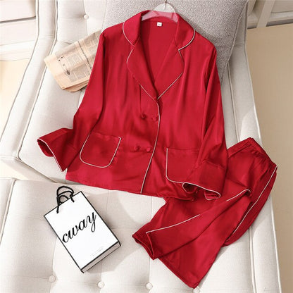 2 Pieces Faux Silk Satin Pajamas Set Autumn Women Sleepwear