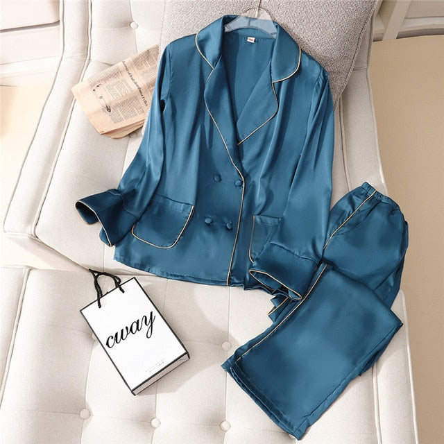 2 Pieces Faux Silk Satin Pajamas Set Autumn Women Sleepwear